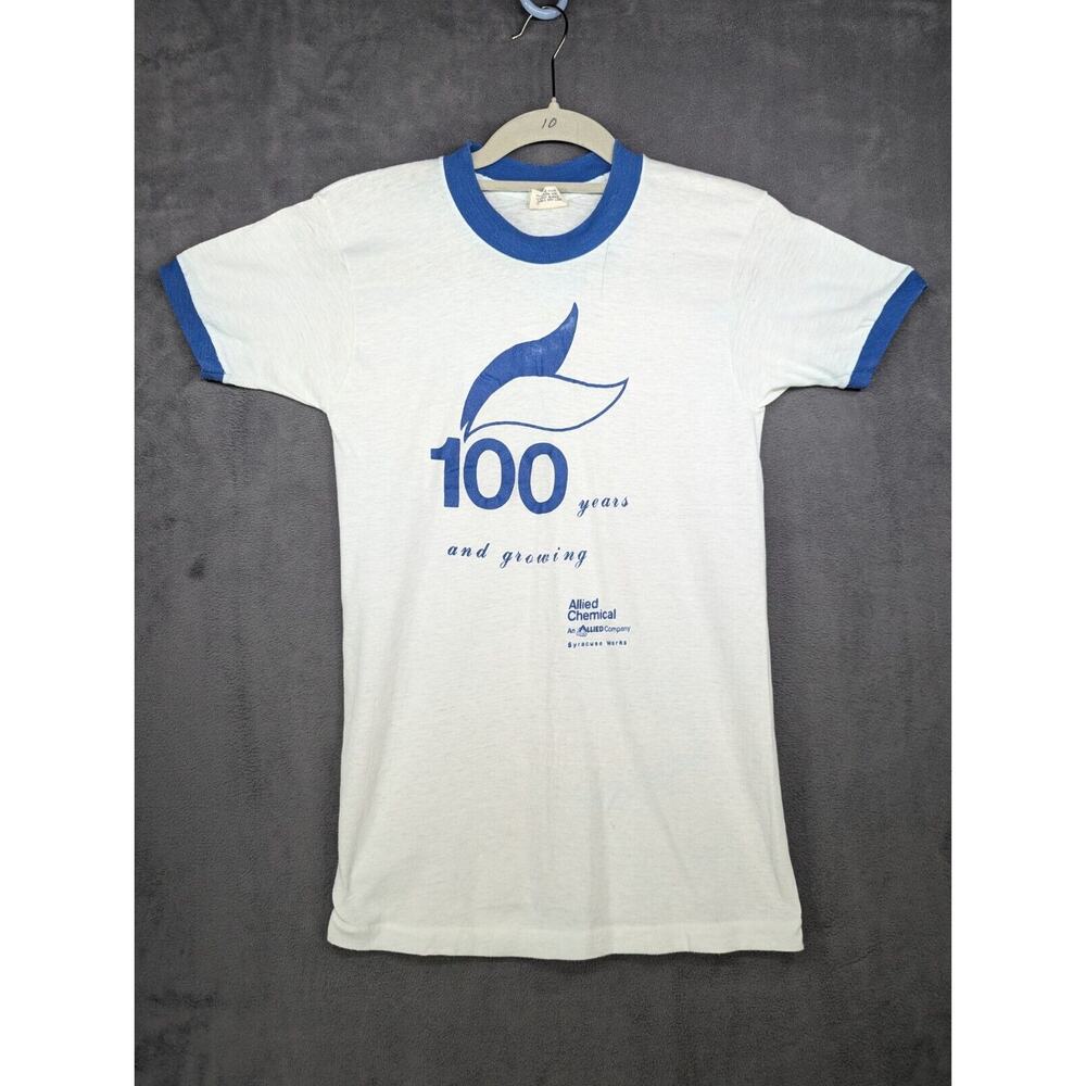 Allied Chemical T-shirt Medium White Blue Sneaker Brand 100 Years Vintage